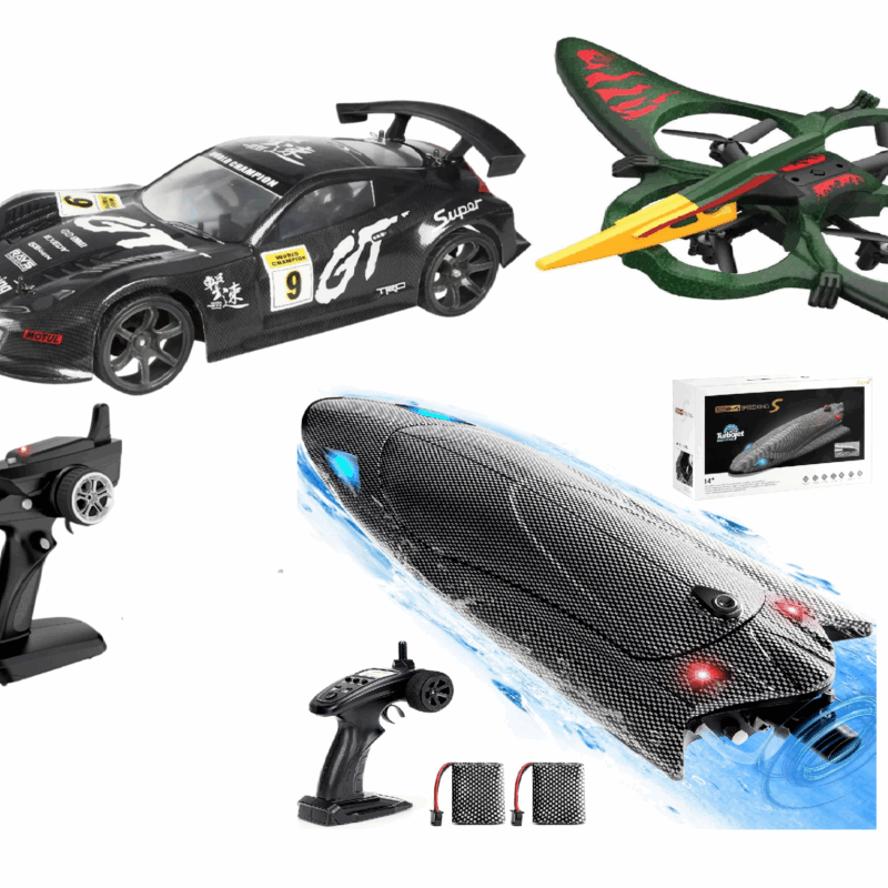 Kit RC Aventura Total: Auto Deportivo 1:10 + Barco Alta Velocidad + Drone Acrobático