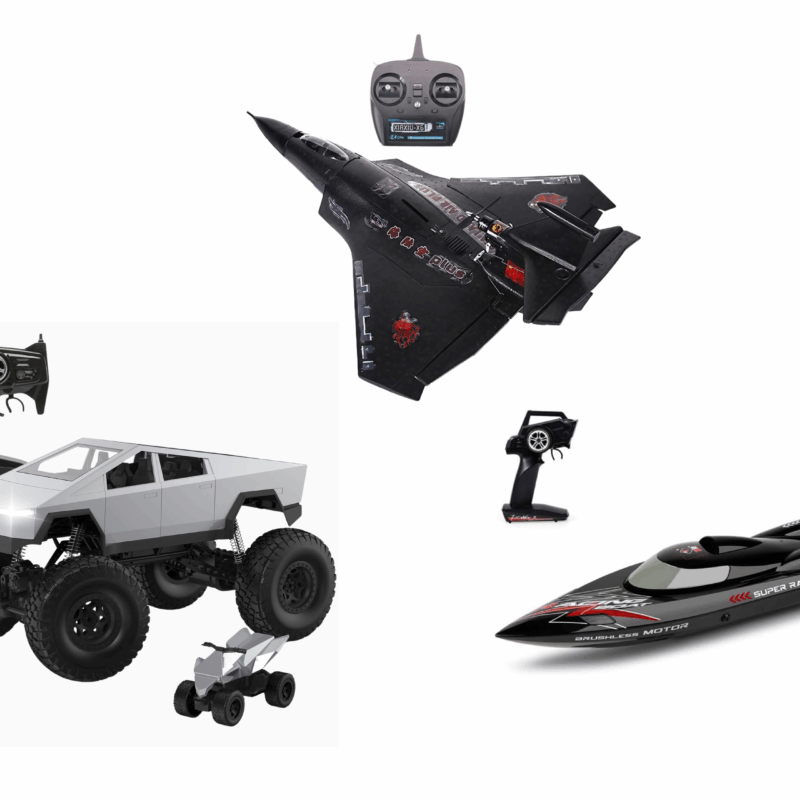 Kit RC Premium – Tierra, Agua y Aire: CyberTruck 4x4 + Lancha 60km/h + Drone Avión Impermeable